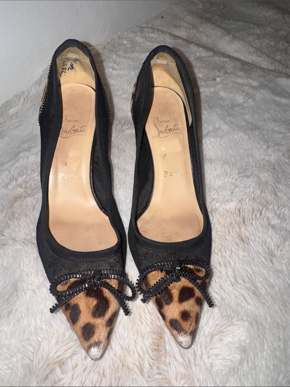 Christian Louboutin Black Flats with Leopard-Print Pointed Toe